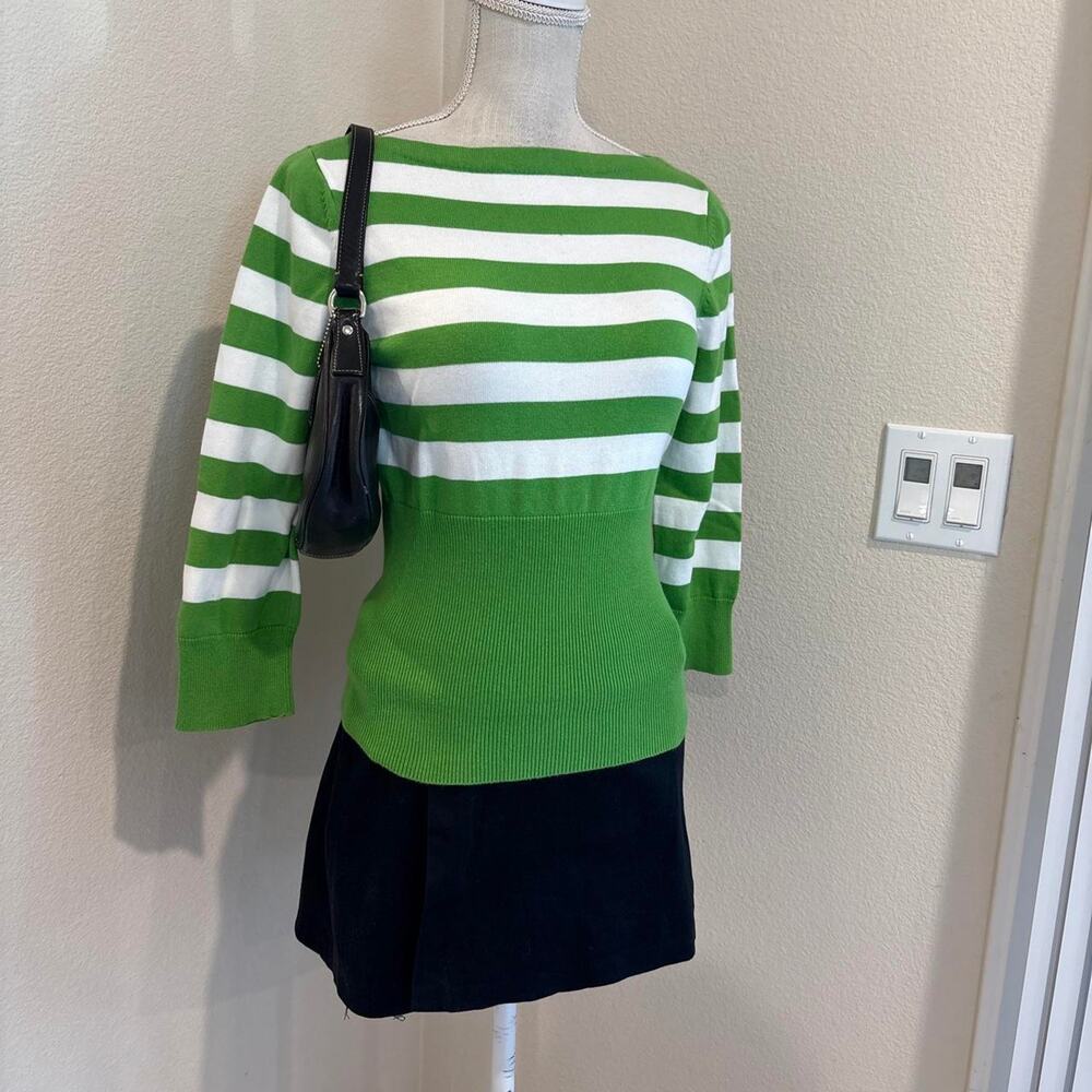 George green and white striped cotton sweater with quarter sleeves. Size medium